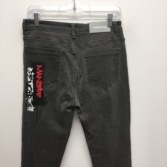 Maniere De Voir Mens Black Gray 2 Pc Set Denim Jacket M Graffiti Skinny Jeans 34 - Picture 15 of 16